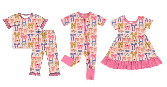25.10.9 custom each style moq 8 eta 6-8week Sibling Sisters bow baby girl short sleeve pants sets and dress and rompers match family design