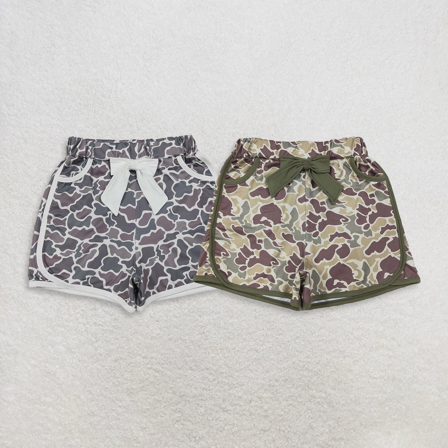 RTS NO MOQ Sibling milk silk Baby Girls Camo Bow Pocket Shorts Bottoms Daily Wear Bottoms