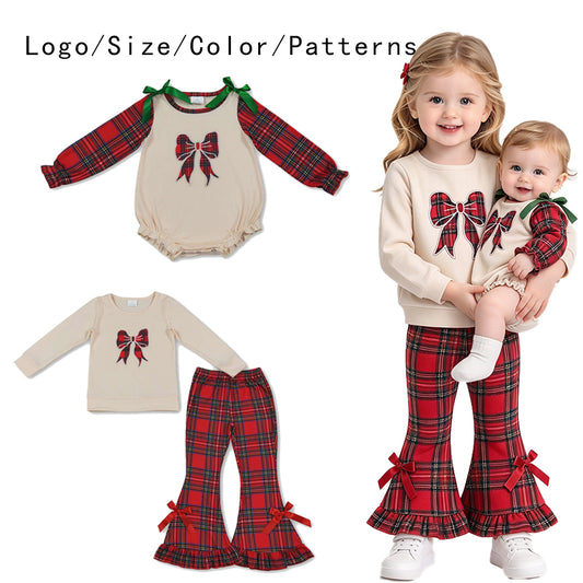 RTS NO MOQ Sibling milk silk Embroidered Baby Girls Christmas Red Plaid Bow Long Sleeve Romper And Top Bell Bottom Pants Set