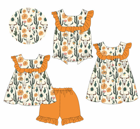 3.12 custom each style moq 5eta 4-6week Sibling Sisters cow head catcus baby girl short sleeve shorts sets and dress and rompers match family design