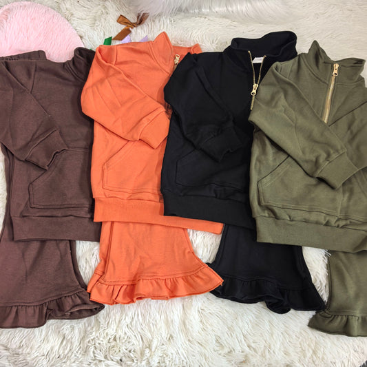 RTS NO MOQ Sibling fleece Baby Girls Solid Color Zip Pockets Top Flare Ruffle Pant Sweater Set