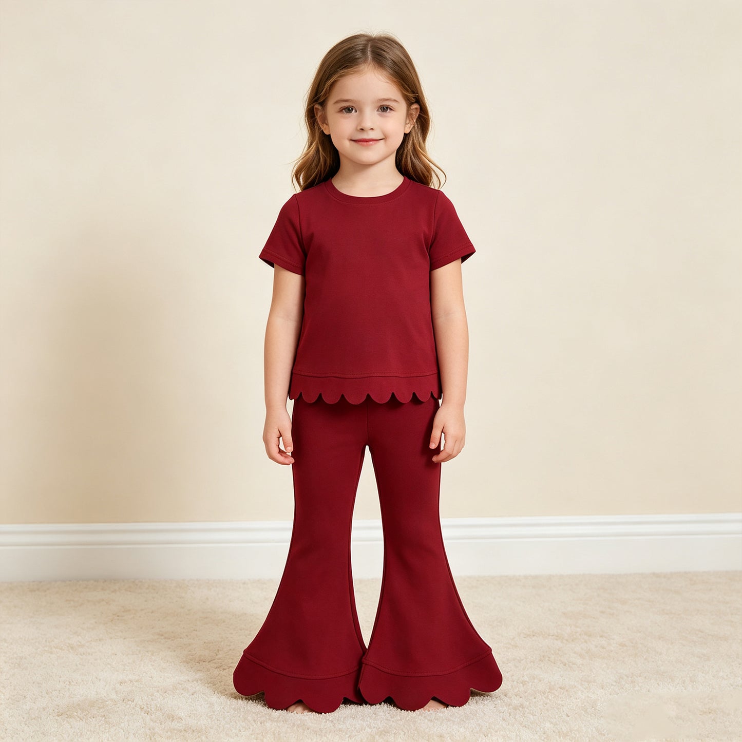 NEW RTS NO MOQ cotton GSPO2344（GT1774+P1082）Baby Girls Maroon Short Sleeve Shirts Top Flare Pant Scallop Sets
