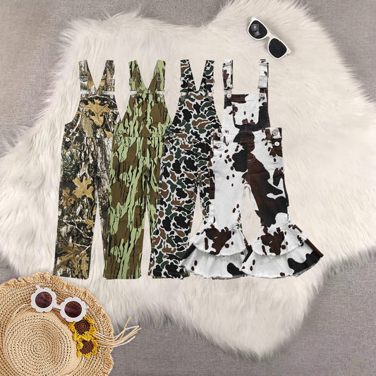 RTS NO MOQ Sibling baby girl clothes cow print camouflage denim overbell
