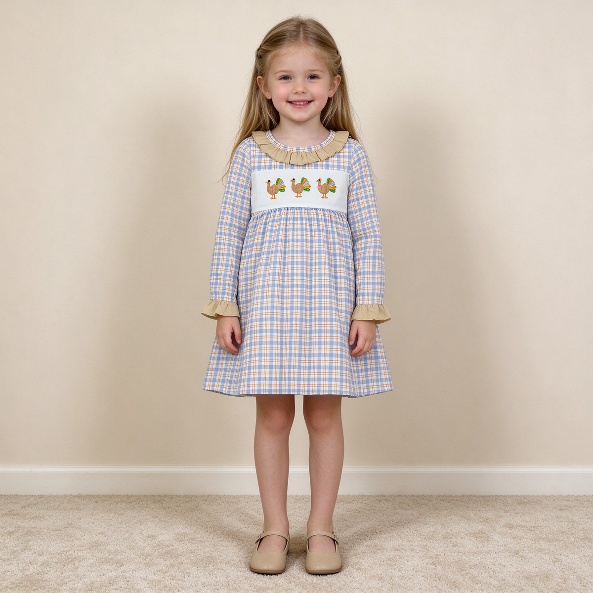NEW RTS NO MOQ milk silk GLD1667 Embroidery Baby Girls Blue Checked Embroidery Turkey Holiday Knee Length Dress