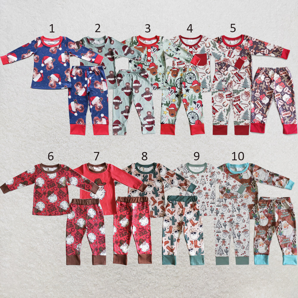 RTS NO MOQ Sibling milk silk Baby Boys Cute Western Christmas Tree Print Top Pants Holiday Photo Matching Pajamas Sets
