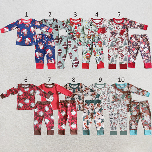 RTS NO MOQ Sibling milk silk Baby Boys Cute Western Christmas Tree Print Top Pants Holiday Photo Matching Pajamas Sets