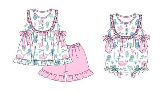 3.25 custom each style moq 5eta 4-6week Sibling Sister baby girl short sleeve shorts sets and romper match design