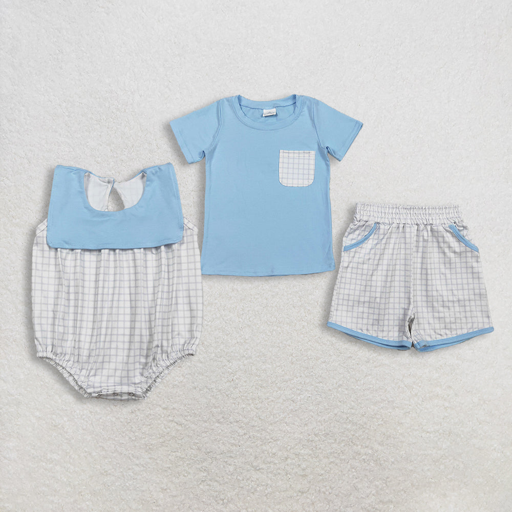 RTS NO MOQ Sibling Baby Boys Blue Short Sleeve Shirt Top with Checked Pockets Matching Shorts Outfit Set Rompers for Infants
