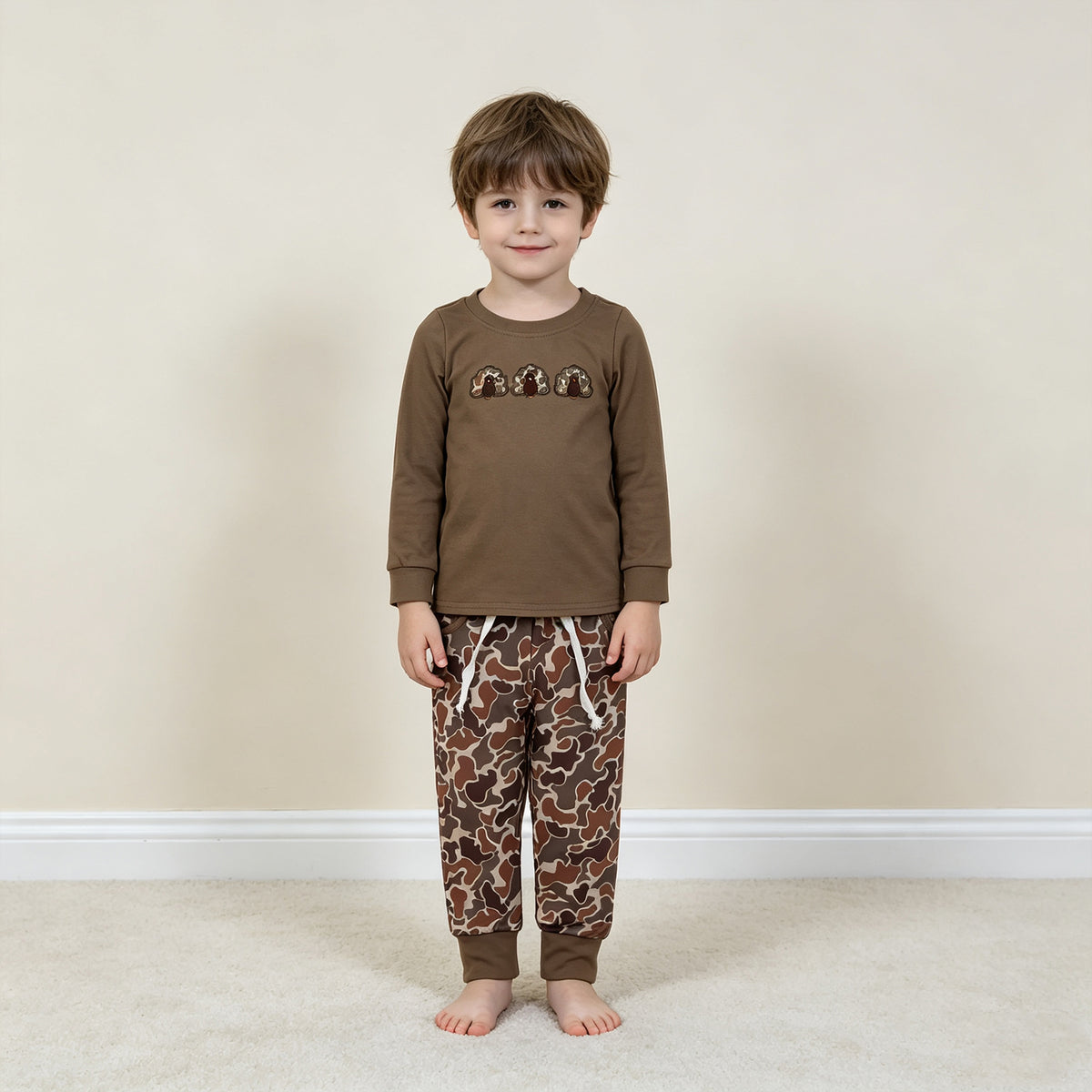 NEW RTS NO MOQ milk silk BLP1473 Embroidery Boys Camo Turkey Top Matching Pocket Jogger Pants Two Piece Thanksgiving Set