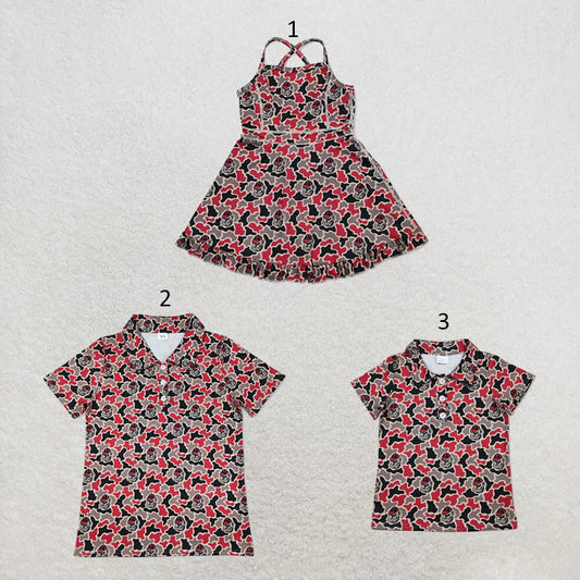 RTS NO MOQ Sibling milk silk Daddy and Me Boys Camo Team Button Polo Shirts Tops Girls Yoga Active Shorts Ruffle Knee Length Dresses