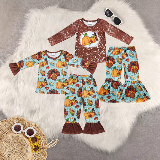 RTS NO MOQ Sibling Baby Girls turkey Long Sleeve Pants Set