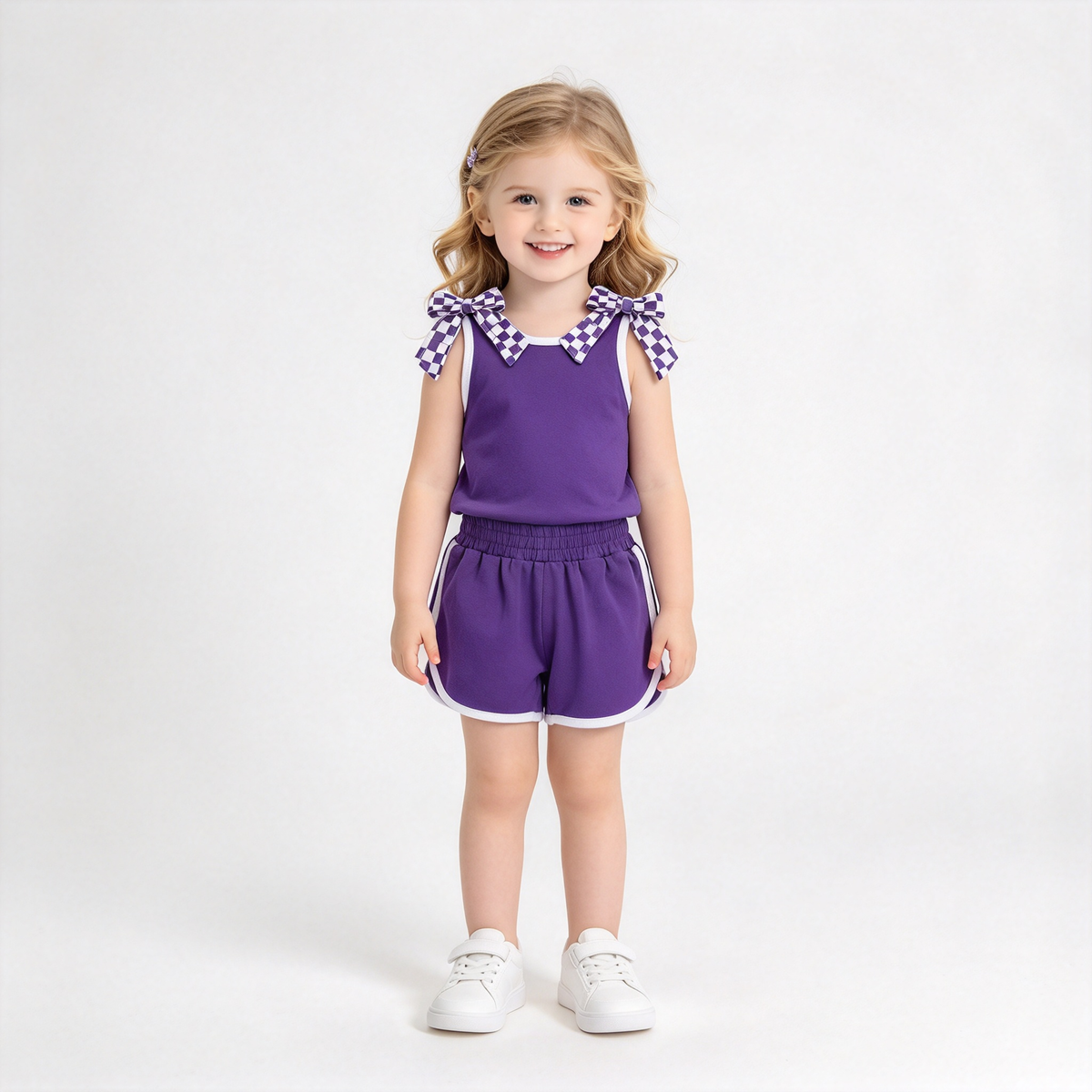RTS NO MOQ Sibling cotton Baby Girls Checker Bow Tank Top And Shorts Casual Set