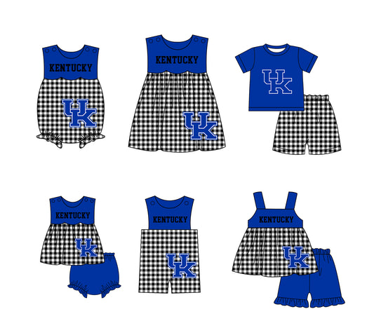 Custom moq 5 mix size milk silk summer teams baby girl boys clothes Blue Black and white checkered short sleeve shorts sets 3 and dress and rompers 2 series