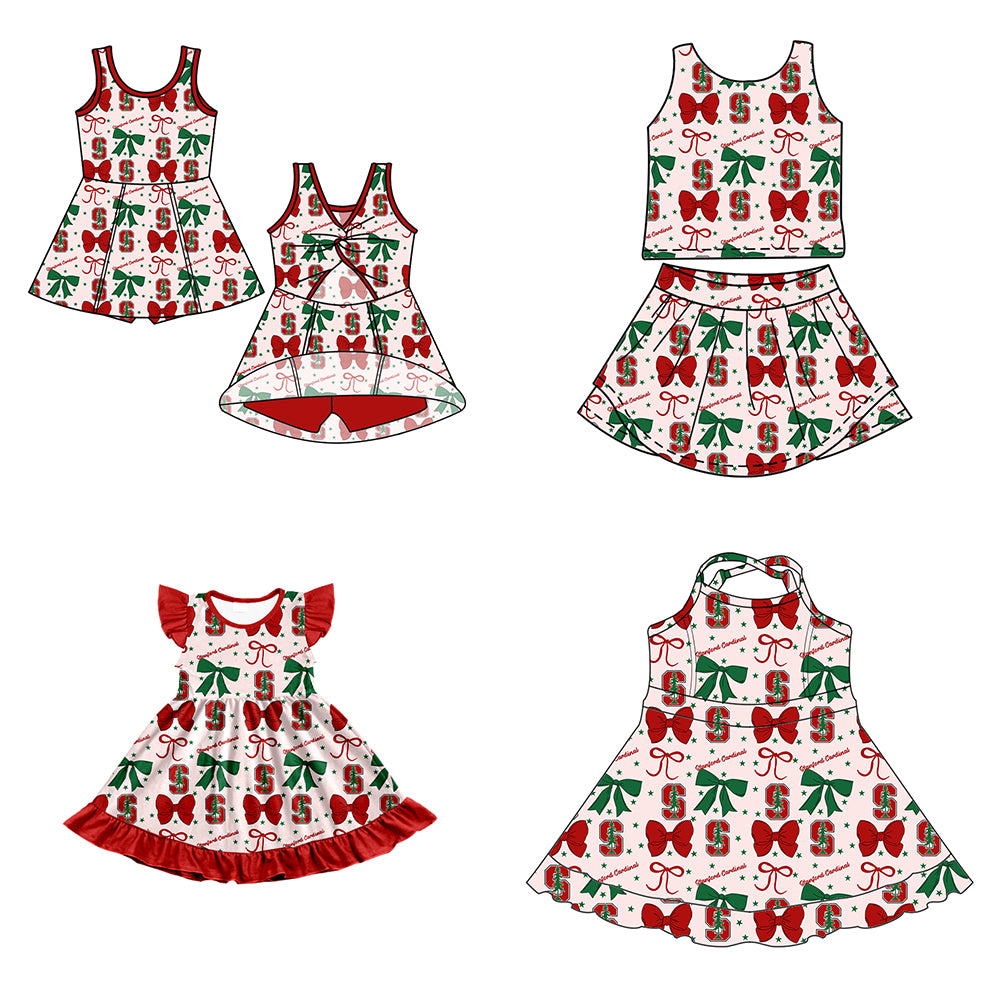 Custom moq 5 mix size milk silk summer teams baby girls clothes team bow red sleeveless skirts sets and dress 1 and dress 2 and dress 3-25.6.25