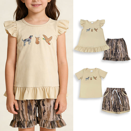 RTS NO MOQ Sibling Baby Girls Boys Embroidery Dog Ducks Deer Pockets Olive Camo Top And Shorts
