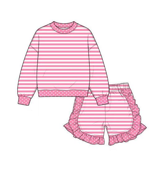 custom moq 5 mix size Baby Girls Pink White Stripe Polka Dot Long Sleeve Top And Ruffle Shorts Outfit Set