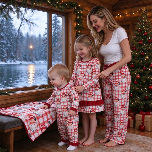 RTS NO MOQ Sibling milk silk Girls Red Plaid Santa Print Christmas Pajamas Dress And Minky Blanket Matching Family Holiday Outfit Set