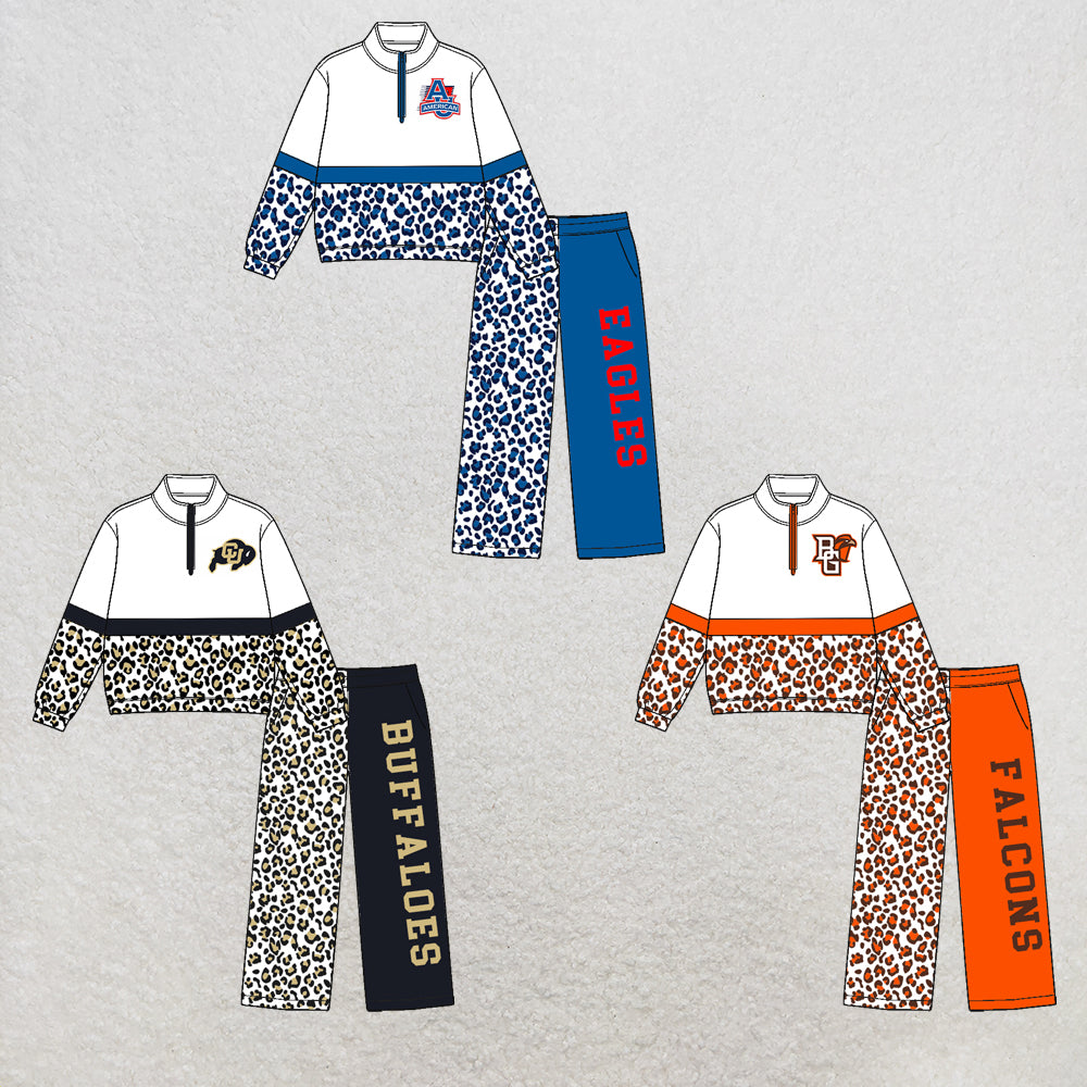 custom moq 5 mix size  XY073001 Baby Kids Leopard Patchwork Zipper Long Sleeve Pullover Top Pants Team Clothes Set