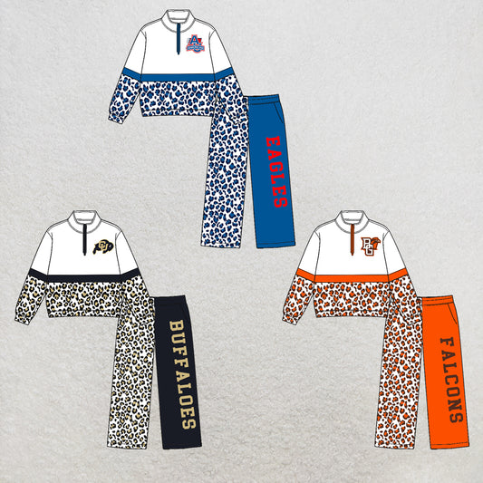 custom moq 5 mix size  XY073001 Baby Kids Leopard Patchwork Zipper Long Sleeve Pullover Top Pants Team Clothes Set