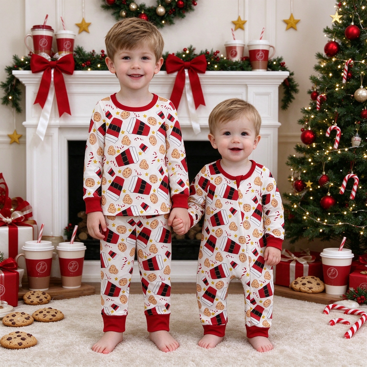 Santa Cookie Candy Cane Sibling Collection - Toddler PJ Set & Baby Red Trim Romper