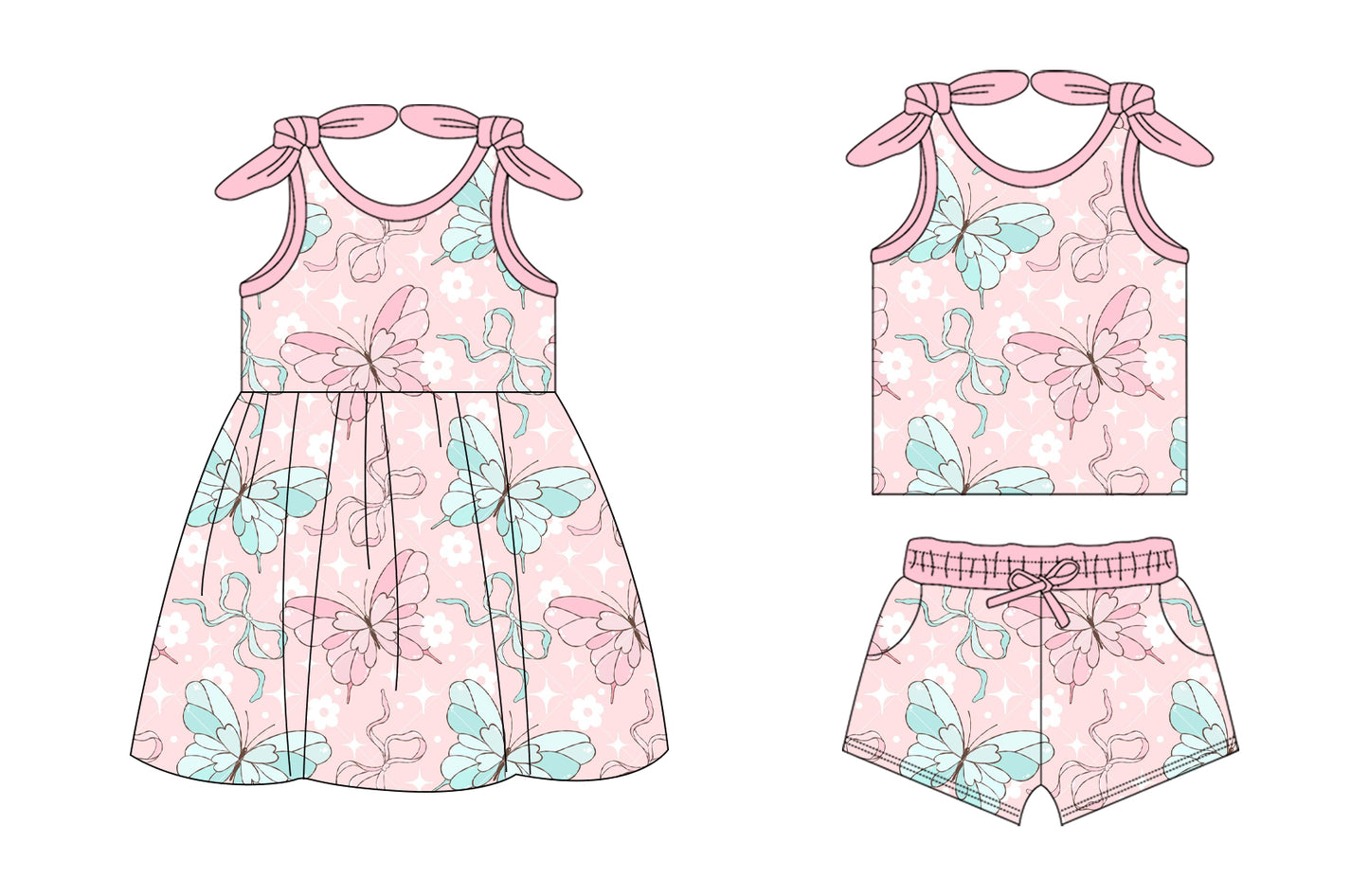 26.1.14 custom each style moq 5 eta 6-8week Sibling Sister butterfly bow baby short sleeve shorts sets and dress match design