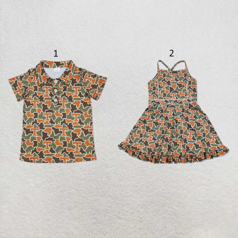 RTS NO MOQ Sibling milk silk Baby Girls And Boys Camo Team Short Sleeve Button Polo Shirt Yoga Active Shorts Ruffle Dress
