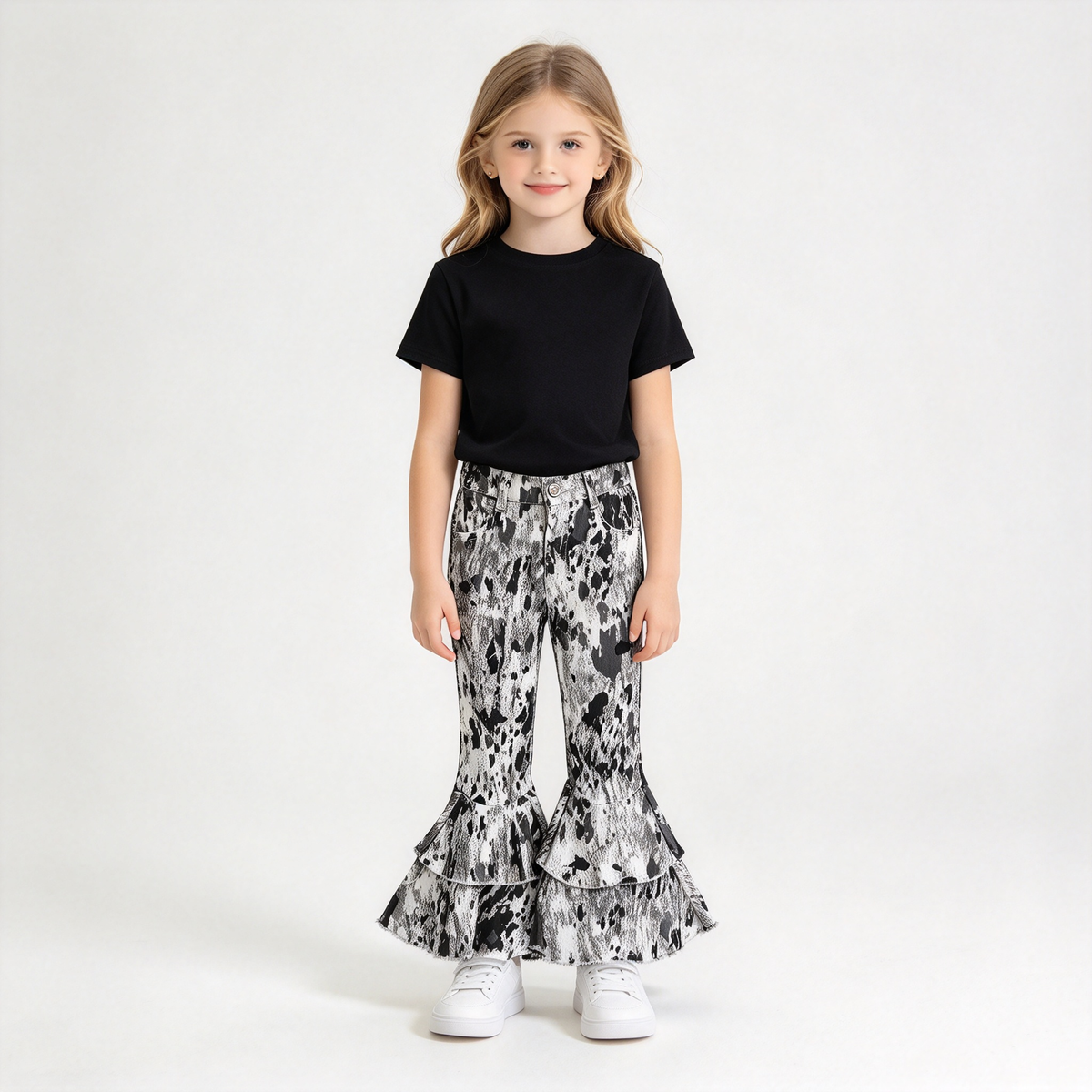 RTS NO MOQ Sibling Denim Baby Girls Cow Print Ruffle Bell Bottom Flare Denim Pants