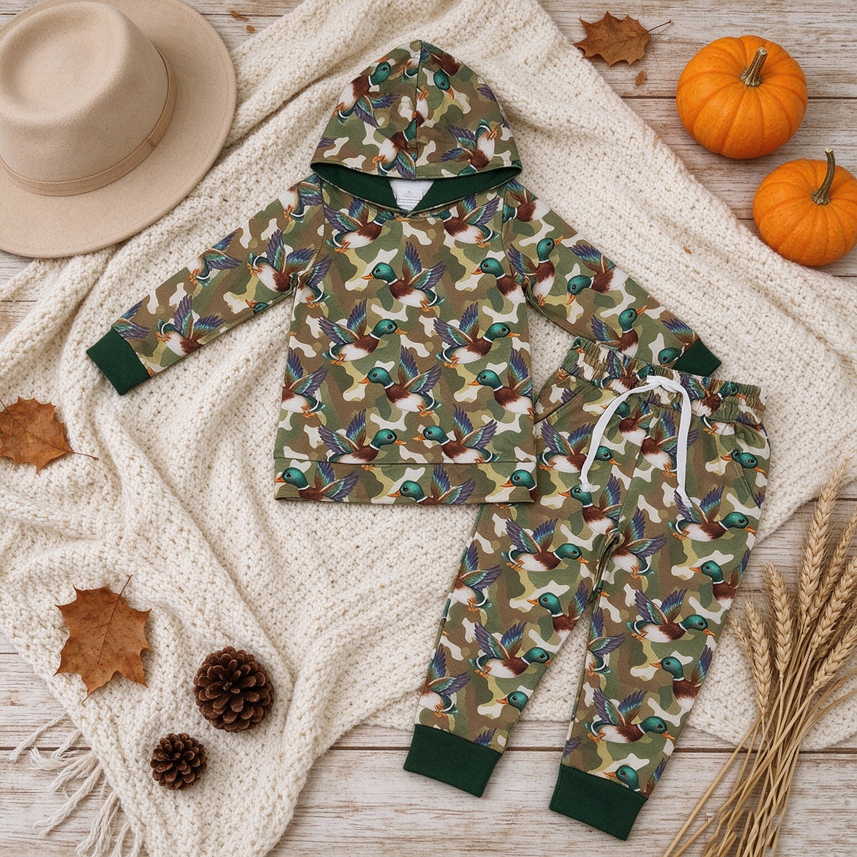 NEW RTS NO MOQ milk silk BLP1543 Baby Boys Green Camo Ducks Hoodie Pockets Jogger Set Fall Casual Outfit