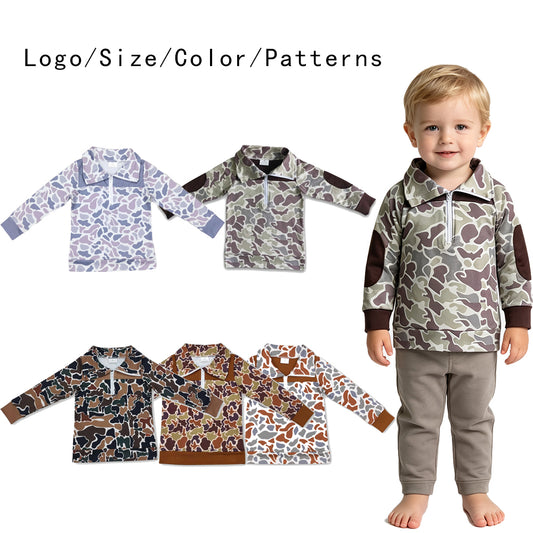 RTS NO MOQ Sibling milk silk Baby Boys Camo Long Sleeve Quarter Zip Pullover