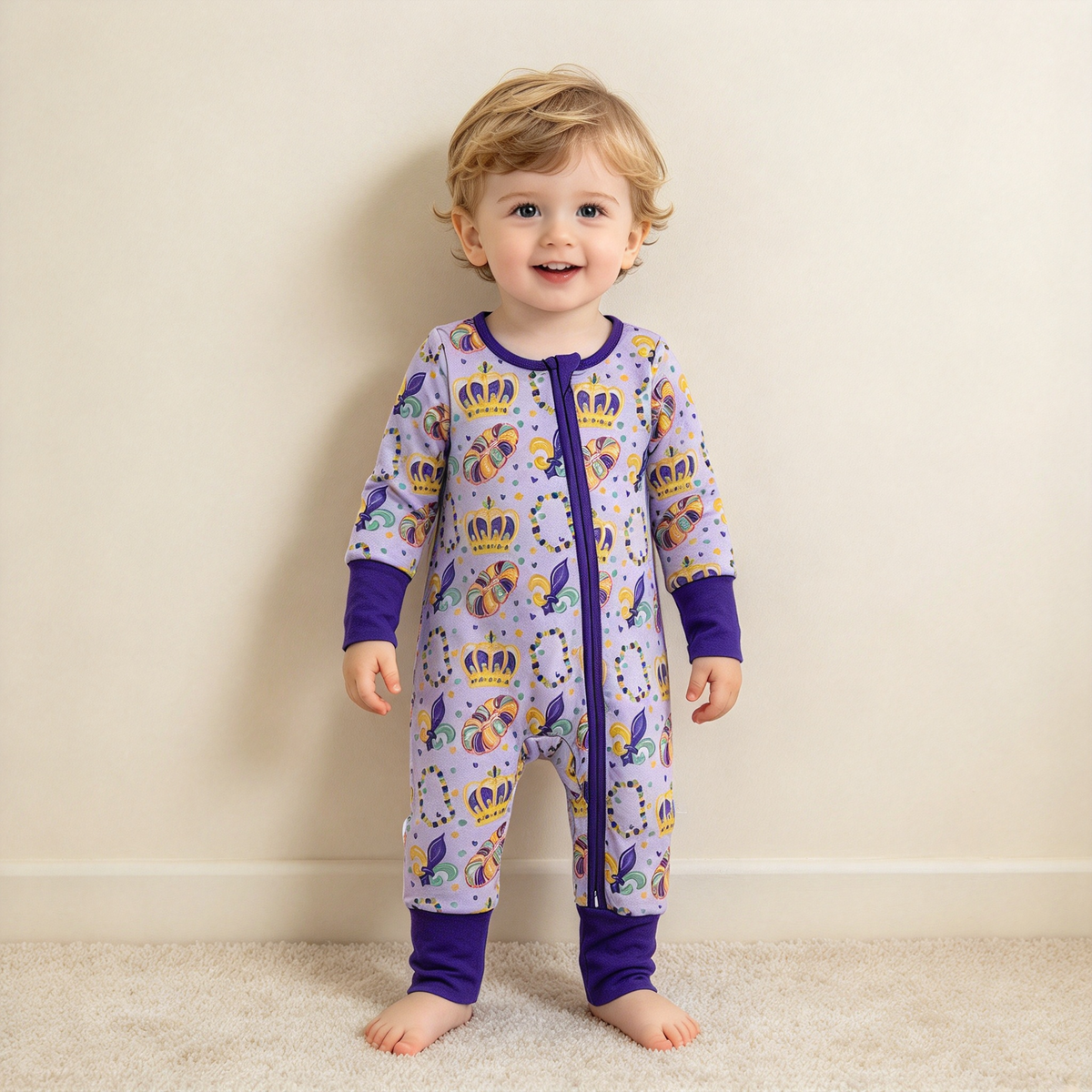 NEW RTS NO MOQ milk silk LR3341 Baby Girls Holiday Print Long Sleeve Casual Two Way Zip Convertible Rompers