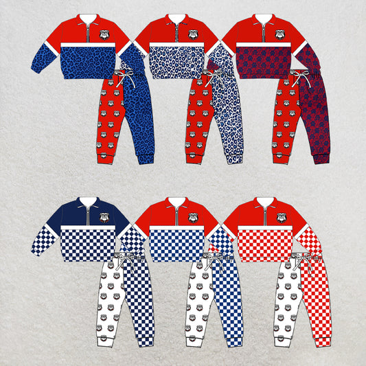 Custom moq 5 mix size summer teams Baby Plaid Long Sleeved Zip Up Top And Pants Set