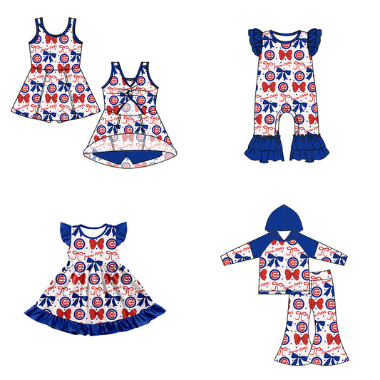 Custom moq 5 mix size milk silk summer teams baby girls clothes team bow blue long sleeve hooded pants sets and dress 1 and dress 2 and romper-25.6.16