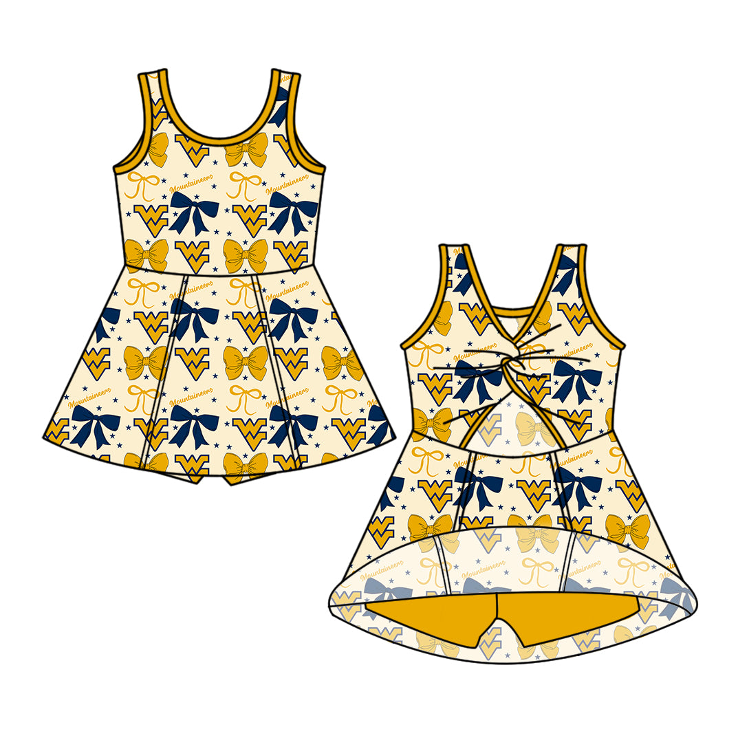Custom moq 5 mix size milk silk summer teams baby girls clothes team bow yellow sleeveless skirts sets and dress 1 and dress 2 and dress 3-25.6.24
