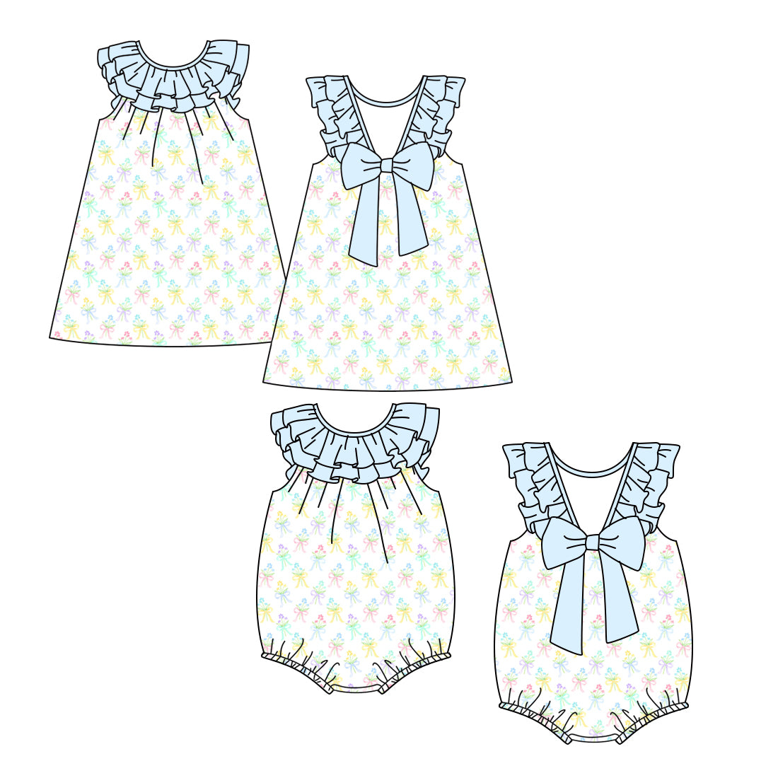 3.6 custom each style moq 5eta 4-6week Sibling Sisters floral bow baby girl short sleeve dress and rompers match family design