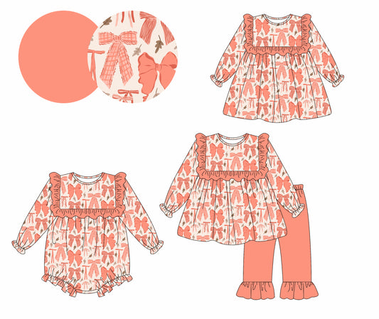 25.5.15 custom each style moq 5eta 4-6week Sibling Sisters bow baby girl long sleeve pants sets and dress and rompers match family design