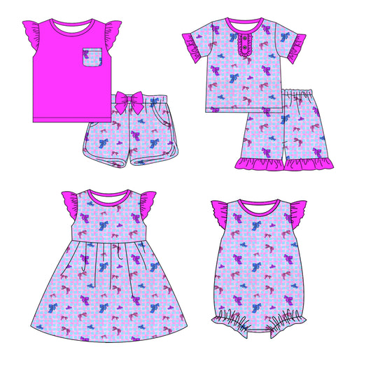 12.18 custom each style moq 5eta 4-6week Sibling Sister bow baby girl short sleeve shorts sets and sets 2 and girls romper and boy romper and dress match design