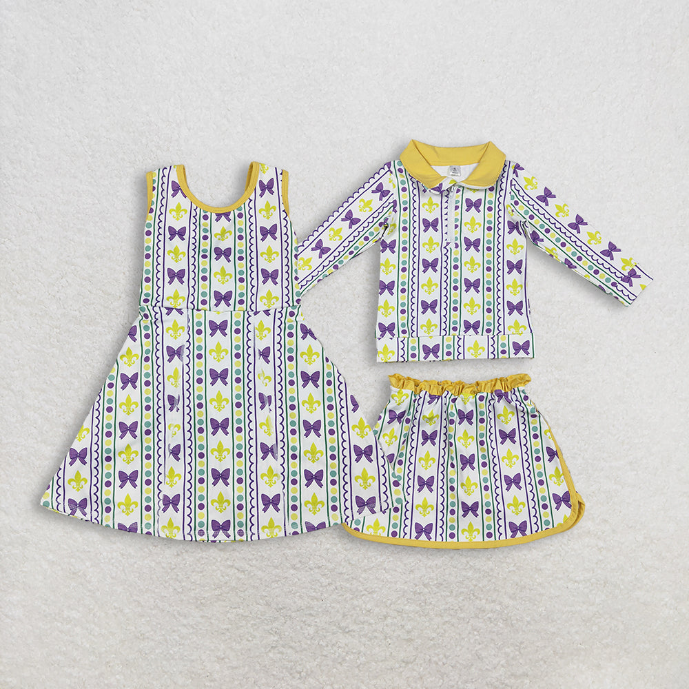 RTS NO MOQ Sibling baby girl clothes yoga mardi gras long-sleeved skirt suits and dress