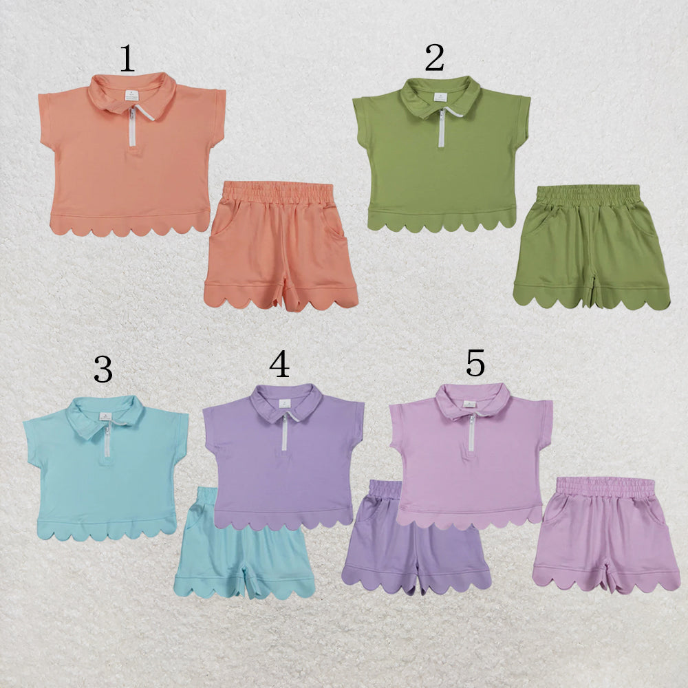 RTS NO MOQ Sibling milk silk Sibling Baby Girls Short Sleeve Zip Pullovers Top Pockets Short Scallop Clothes Sets