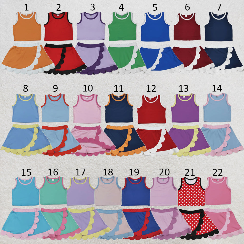 RTS NO MOQ Sibling milk silk Baby Girls Solid Sleeveless Vest Top Scallop Hem Mini Skirt Two Piece Yoga Active Matching Clothes Set