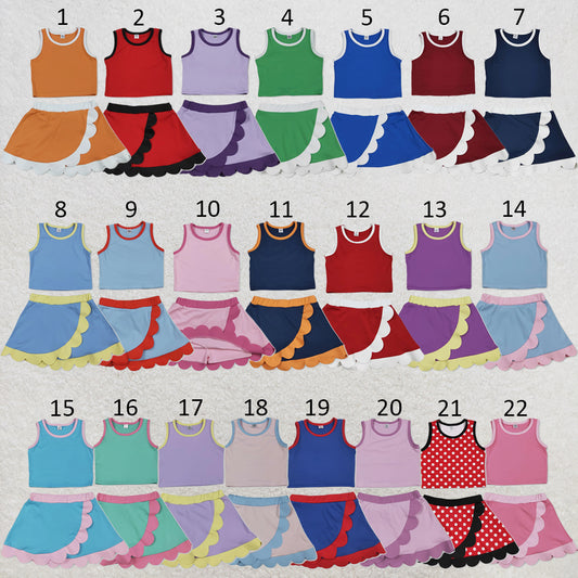 RTS NO MOQ Sibling yoga fabric cotton Baby Girls Solid Sleeveless Vest Top Scallop Hem Mini Skirt Two Piece Yoga Active Matching Clothes Set