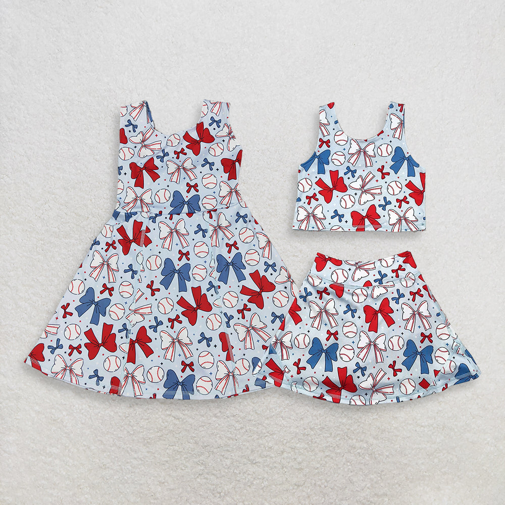 RTS NO MOQ Sibling Baby Girls 4th of July Bows Baseball Vest Skort Set Skort Knee Length Dresses Yoga Active Wear