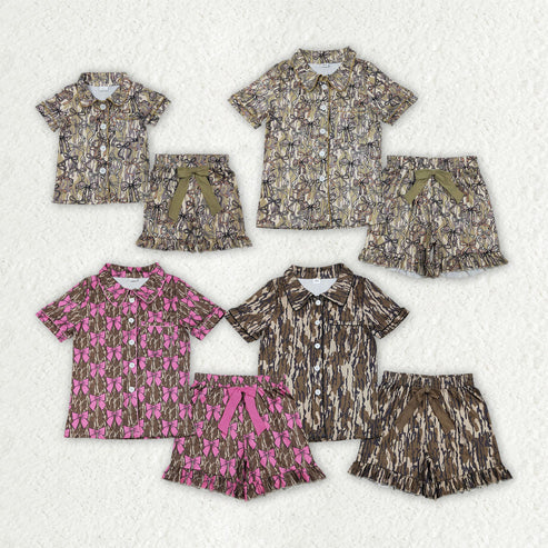 RTS NO MOQ Sibling Family Matching Pajamas Mama Girls Southern Camo Bows Button Pocket Ruffle Shorts Set Children's Wear Sleepwear