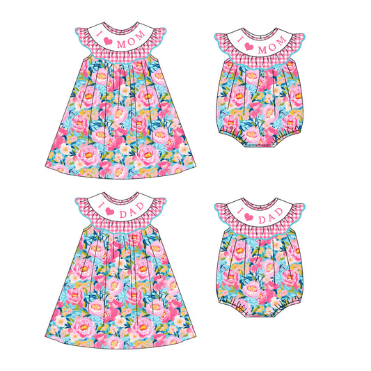 4.22 custom each style moq 5eta 4-6week Sibling Sisters I LOVE MOM DAD floral girl short sleeve dress and rompers match family design