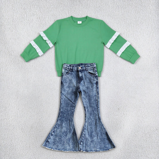 NEW RTS NO MOQ Denim GT1858+ P0008 Baby Girls Green White Patchwork Long Sleeve T-shirts Top Navy Fashion Bell Pants Denim Jeans Sets