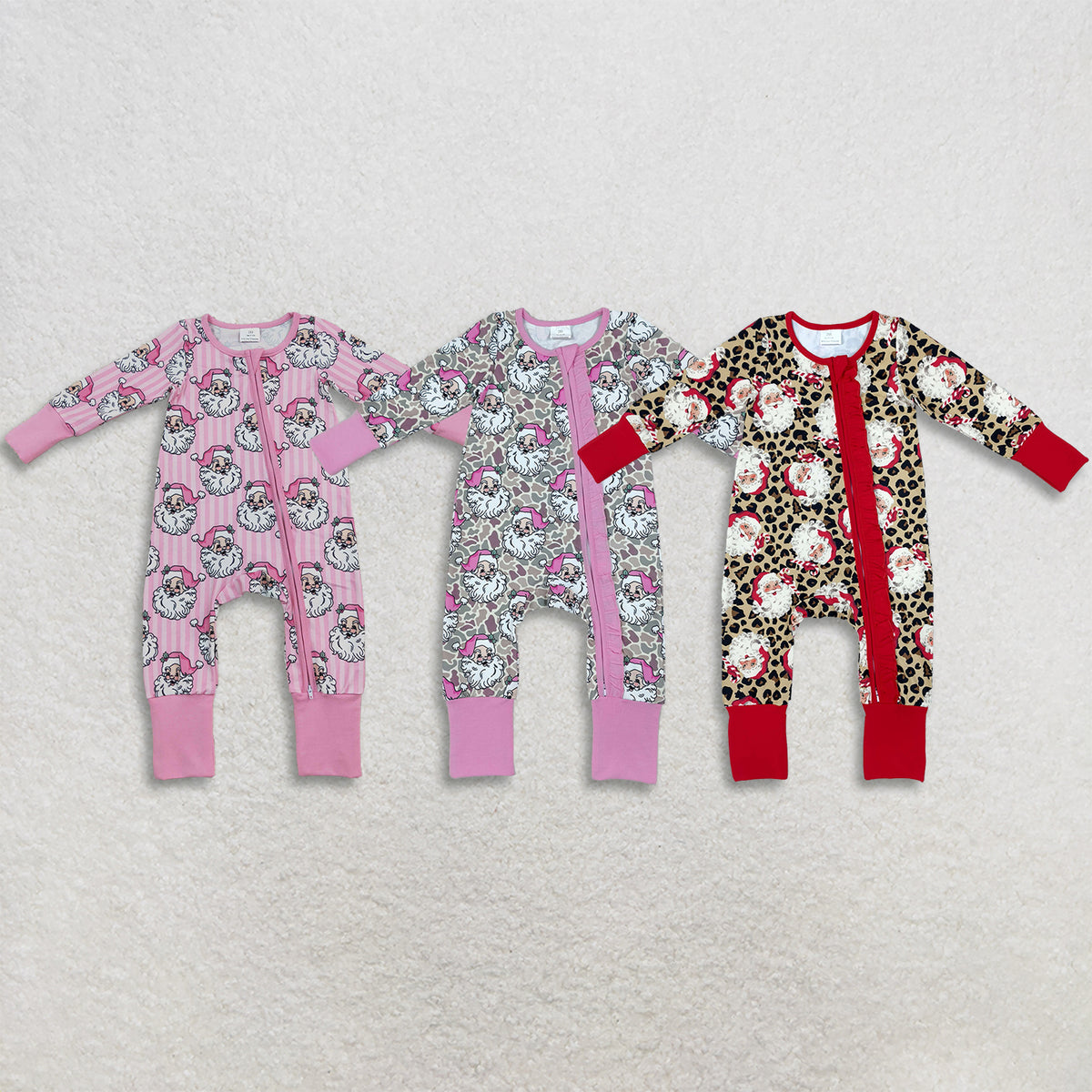 RTS NO MOQ Sibling milk silk Baby Girls Santa Print Two Way Zip Long Sleeve Ruffle Cuff Romper