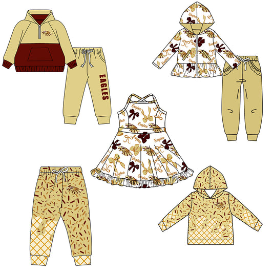 Custom moq 5 mix size milk silk summer teams baby girls clothes bow khaki hooded long sleeve pants sets and boy sets and dress and hooded top and pant-25.8.16