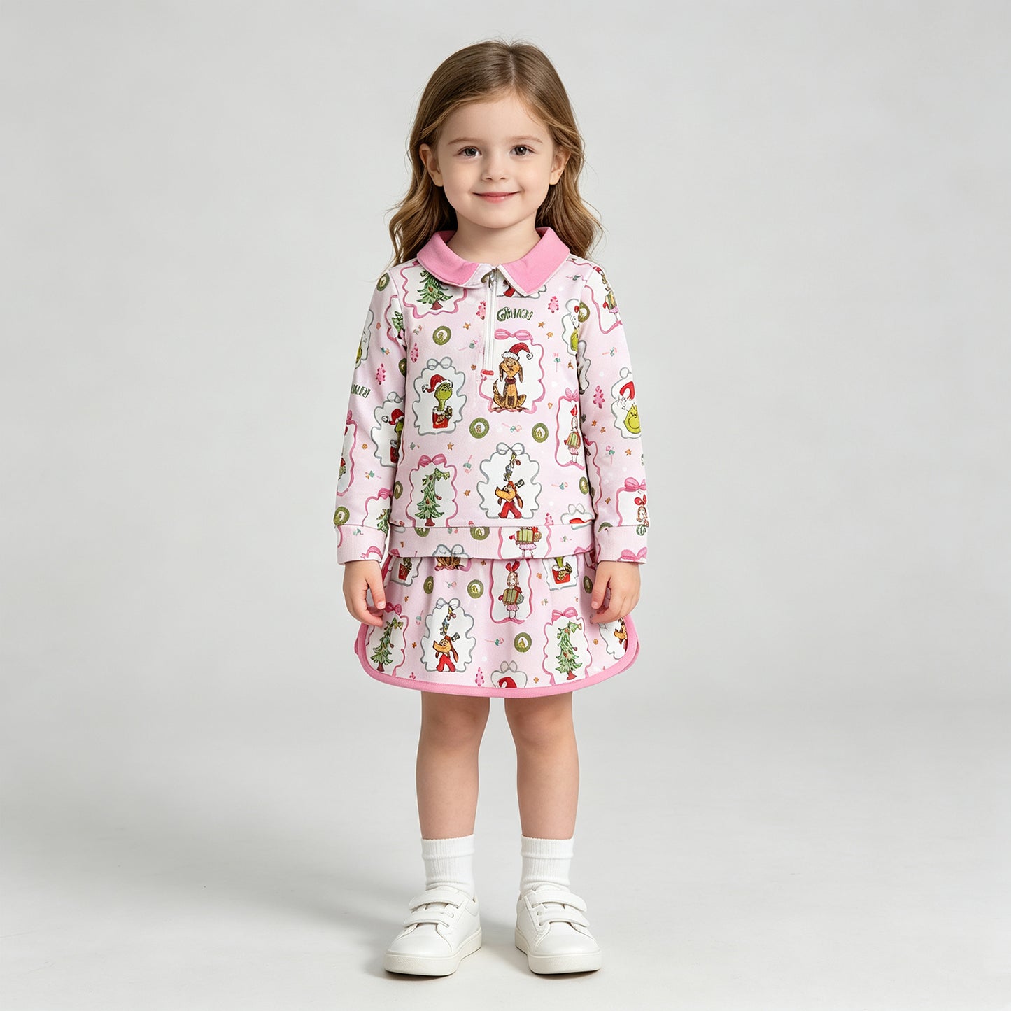 NEW RTS NO MOQ milk silk GLD1609 Baby Girls Christmas  Tree Print  Front Top Skort Two Piece Christmas Outfit Set
