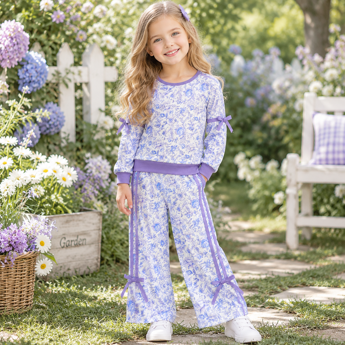 NEW RTS NO MOQ milk silk GLP3365 Baby Girls Floral Print Long Sleeve Top Pockets Flare Pant Fall Outfit Set