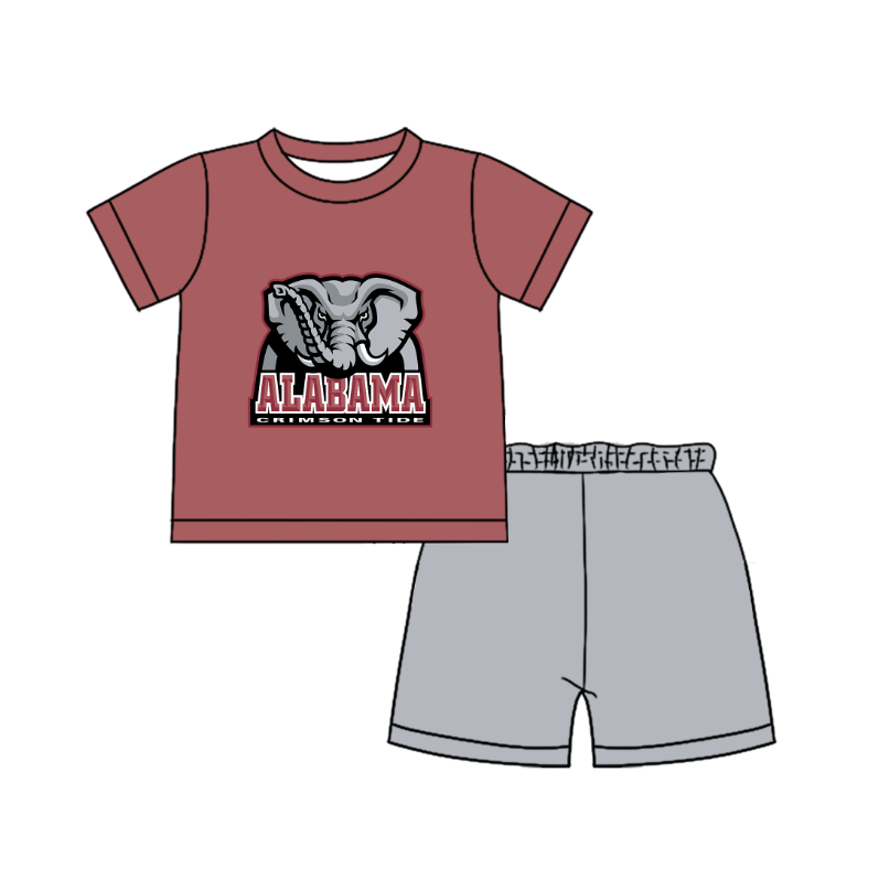 Custom moq 5 mix size milk silk summer teams Baby Boy's Reddish-Brown Short-Sleeved O-Neck Top And Gray Shorts Set