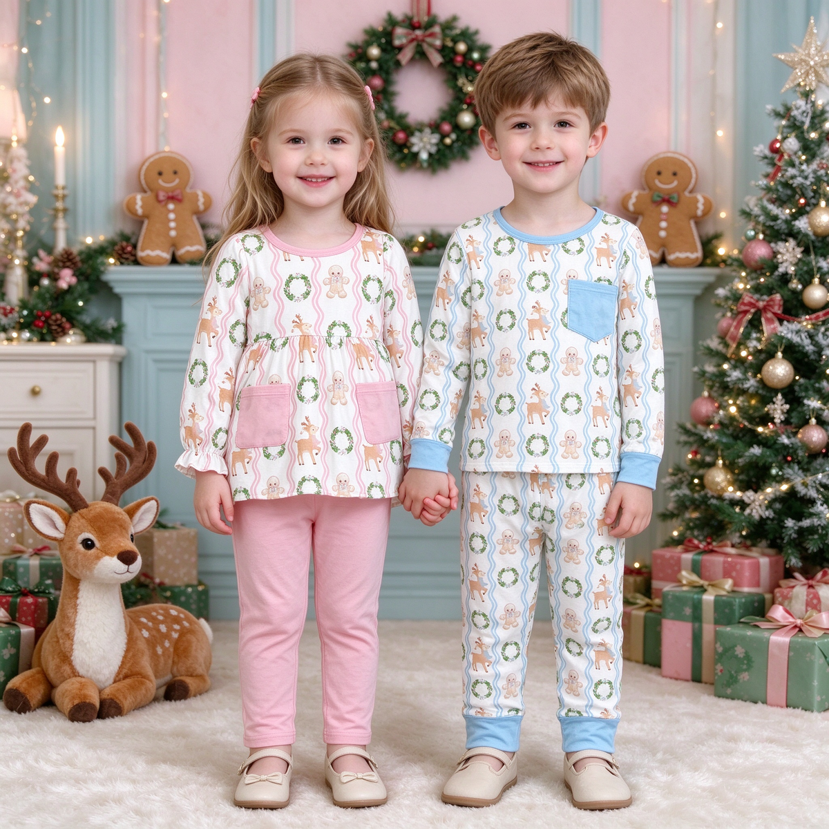 Baby Kids Gingerbread Deer Wreath Collection - Pink Pockets Set & Blue Trim Pajama Set